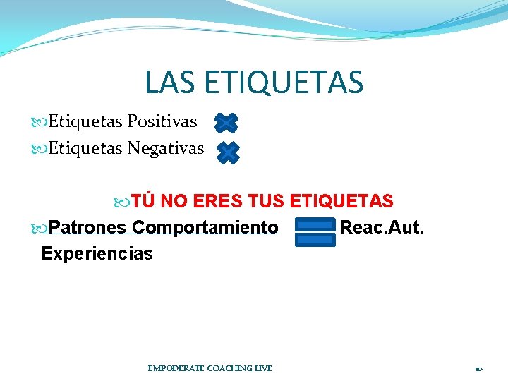 LAS ETIQUETAS Etiquetas Positivas Etiquetas Negativas TÚ NO ERES TUS ETIQUETAS Patrones Comportamiento Reac.