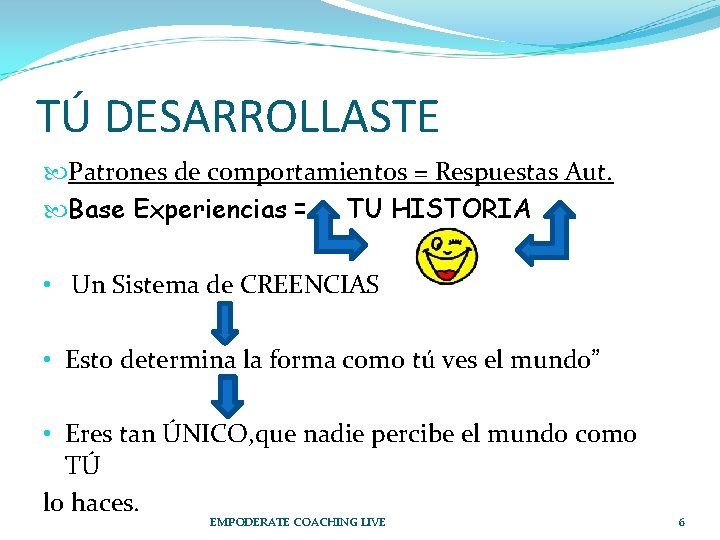 TÚ DESARROLLASTE Patrones de comportamientos = Respuestas Aut. Base Experiencias = TU HISTORIA •