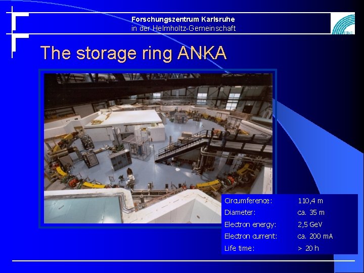 Forschungszentrum Karlsruhe in der Helmholtz-Gemeinschaft The storage ring ANKA Circumference: 110, 4 m Diameter: