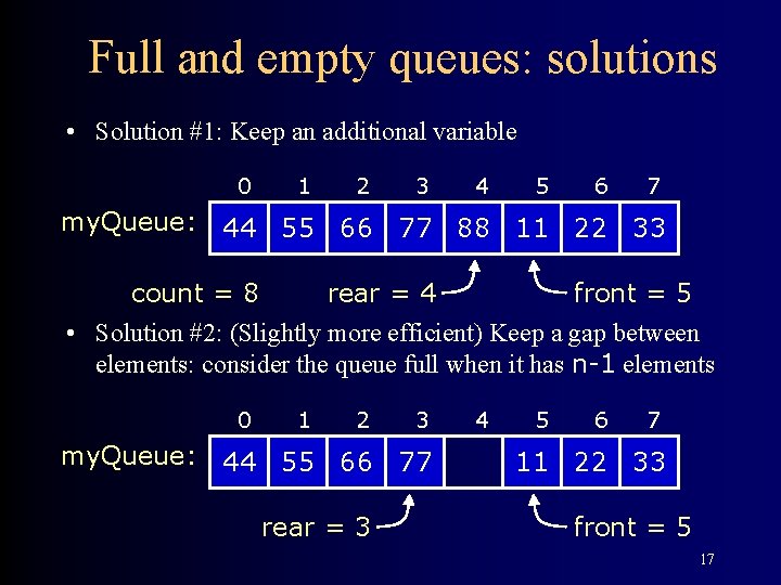 Full and empty queues: solutions • Solution #1: Keep an additional variable 0 1