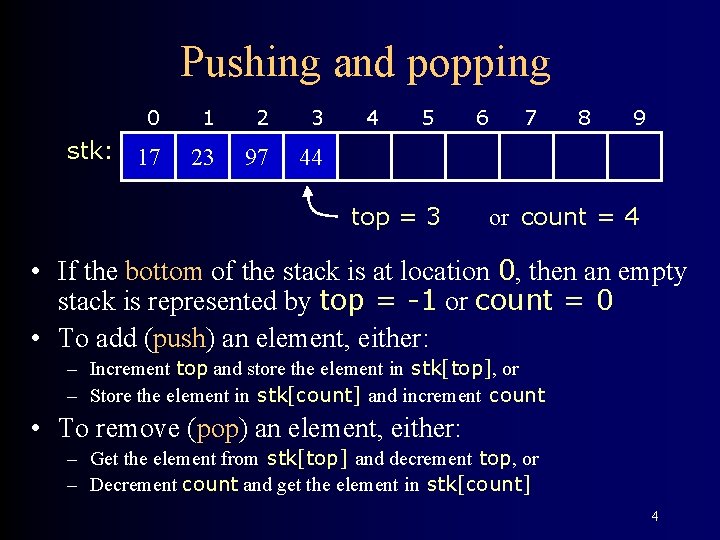 Pushing and popping 0 1 2 3 stk: 17 23 97 44 4 5