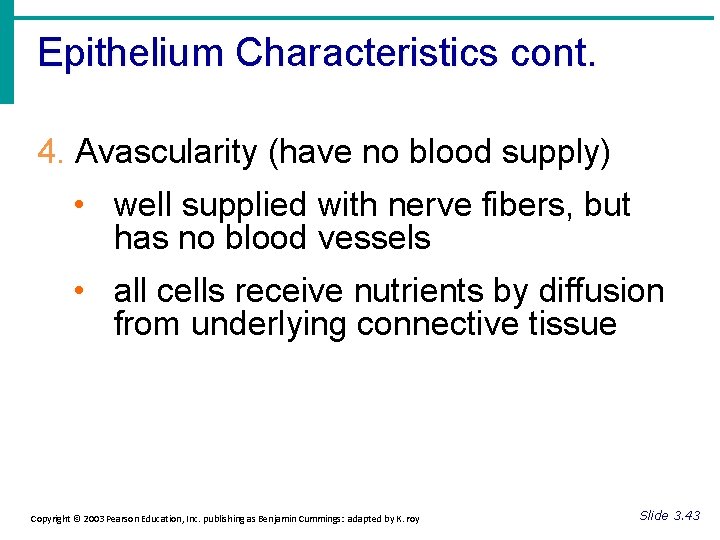 Epithelium Characteristics cont. 4. Avascularity (have no blood supply) • well supplied with nerve