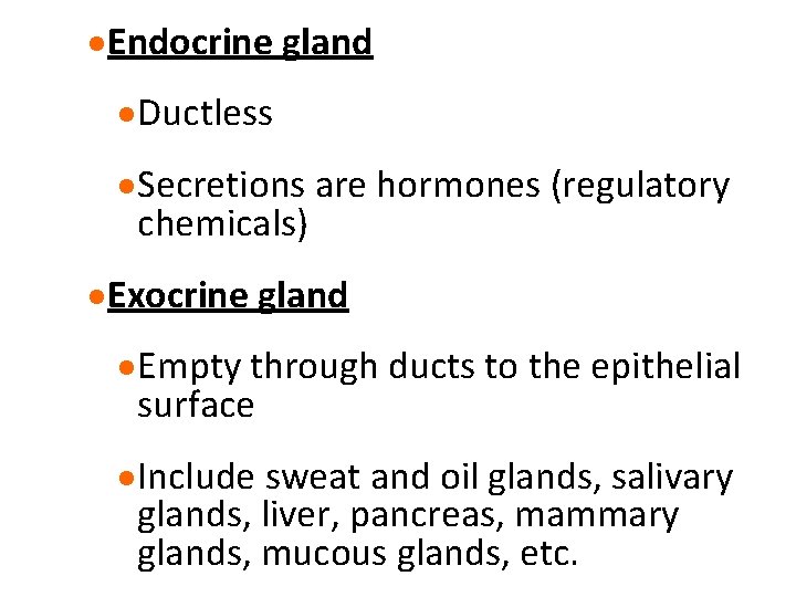 · Endocrine gland · Ductless · Secretions are hormones (regulatory chemicals) · Exocrine gland