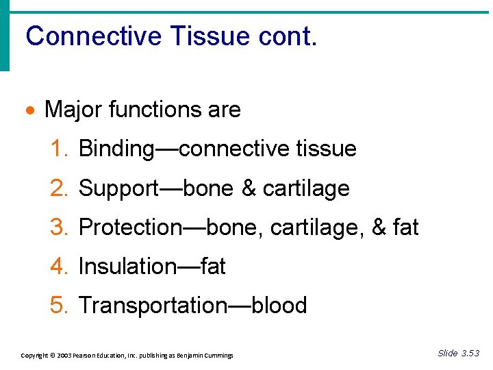 Connective Tissue cont. · Major functions are 1. Binding—connective tissue 2. Support—bone & cartilage