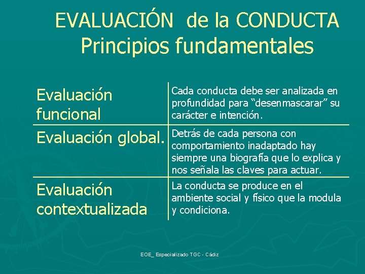 EVALUACIÓN de la CONDUCTA Principios fundamentales Evaluación funcional Evaluación global. Cada conducta debe ser