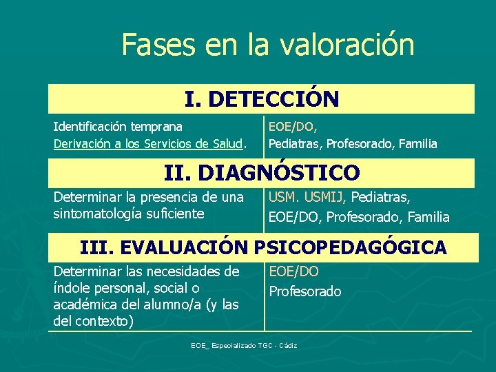 Fases en la valoración I. DETECCIÓN Identificación temprana Derivación a los Servicios de Salud.