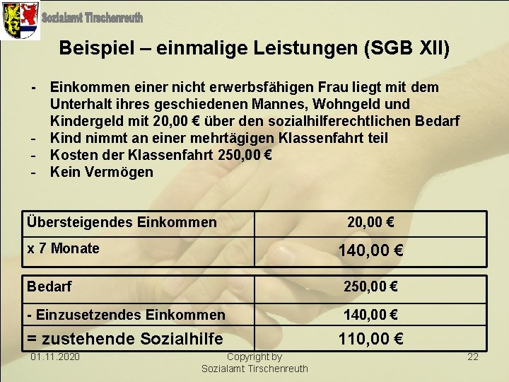 Beispiel – einmalige Leistungen (SGB XII) - - Einkommen einer nicht erwerbsfähigen Frau liegt