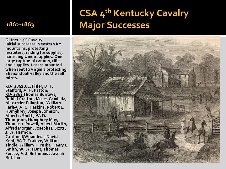 1862 -1863 Giltner’s 4 th Cavalry Initial successes in eastern KY mountains, protecting recruiters,