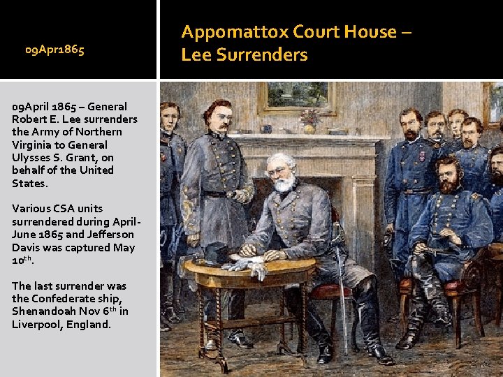 09 Apr 1865 09 April 1865 – General Robert E. Lee surrenders the Army