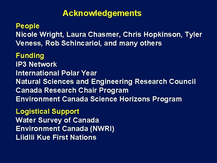 Acknowledgements People Nicole Wright, Laura Chasmer, Chris Hopkinson, Tyler Veness, Rob Schincariol, and many