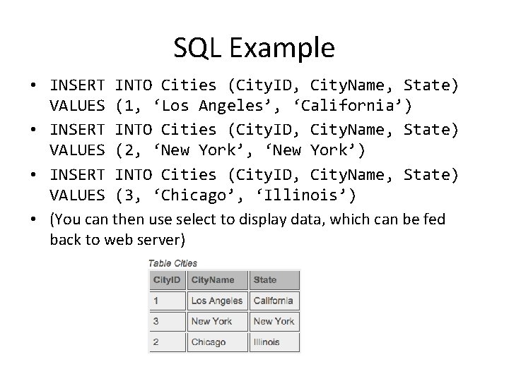 SQL Example • INSERT INTO Cities (City. ID, City. Name, State) VALUES (1, ‘Los