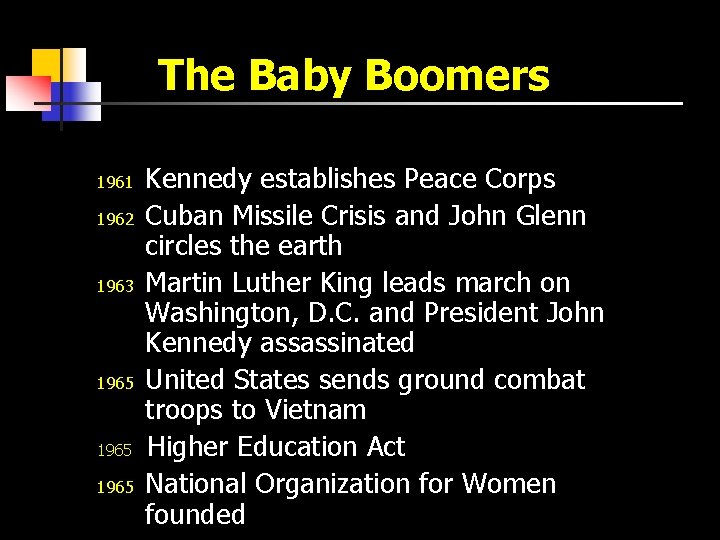 The Baby Boomers 1961 1962 1963 1965 Kennedy establishes Peace Corps Cuban Missile Crisis