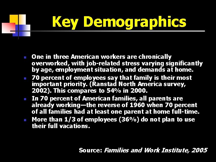 Key Demographics n n One in three American workers are chronically overworked, with job-related