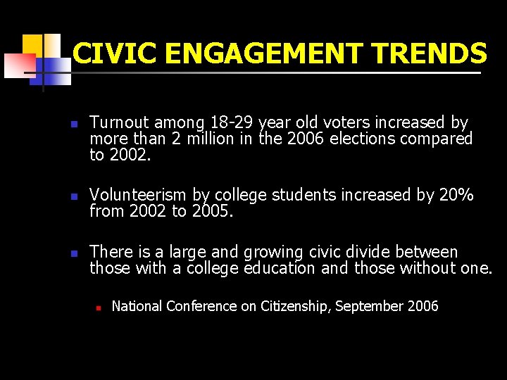 CIVIC ENGAGEMENT TRENDS n Turnout among 18 -29 year old voters increased by more