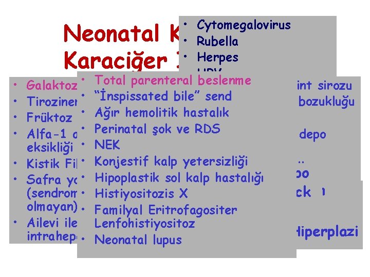  • Cytomegalovirus • Rubella • Herpes • HBV • Total parenteral beslenme •