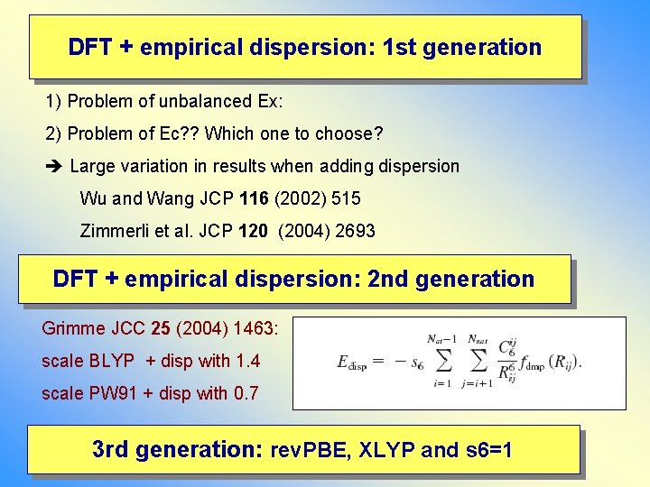 DFT + empirical dispersion: 1 st generation 1) Problem of unbalanced Ex: 2) Problem