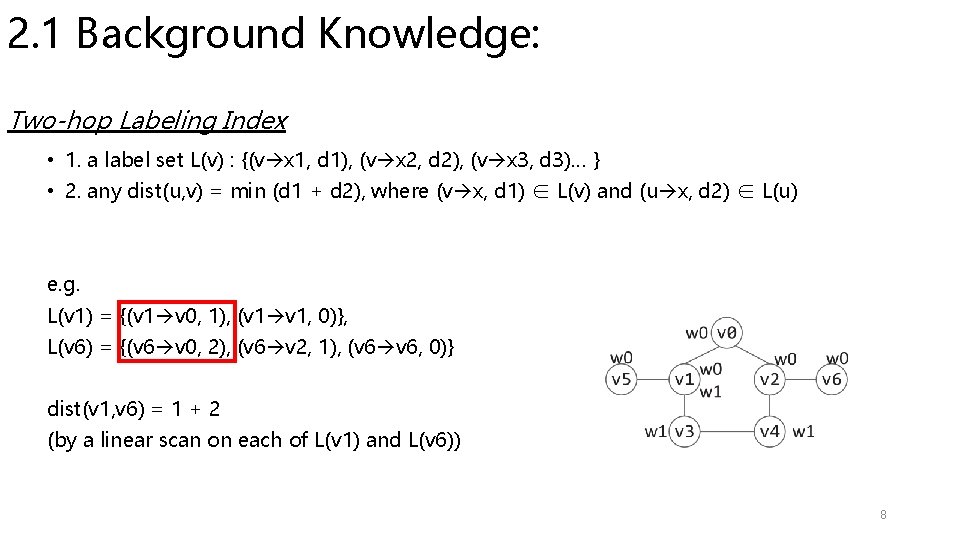 2. 1 Background Knowledge: Two-hop Labeling Index • 1. a label set L(v) : 2. 1 Background Knowledge: Two-hop Labeling Index • 1. a label set L(v) :