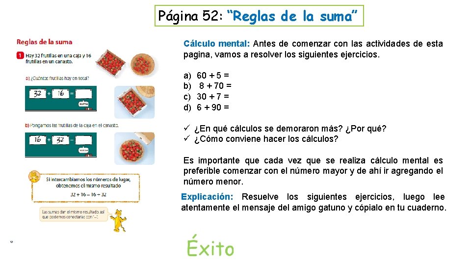 Página 52: “Reglas de la suma” Cálculo mental: Antes de comenzar con las actividades