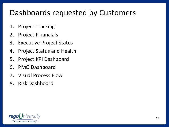 Dashboards requested by Customers 1. 2. 3. 4. 5. 6. 7. 8. Project Tracking