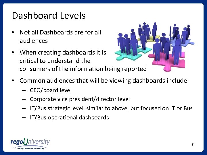 Dashboard Levels • Not all Dashboards are for all audiences • When creating dashboards