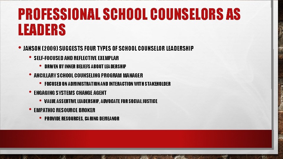 PROFESSIONAL SCHOOL COUNSELORS AS LEADERS • JANSON (2009) SUGGESTS FOUR TYPES OF SCHOOL COUNSELOR