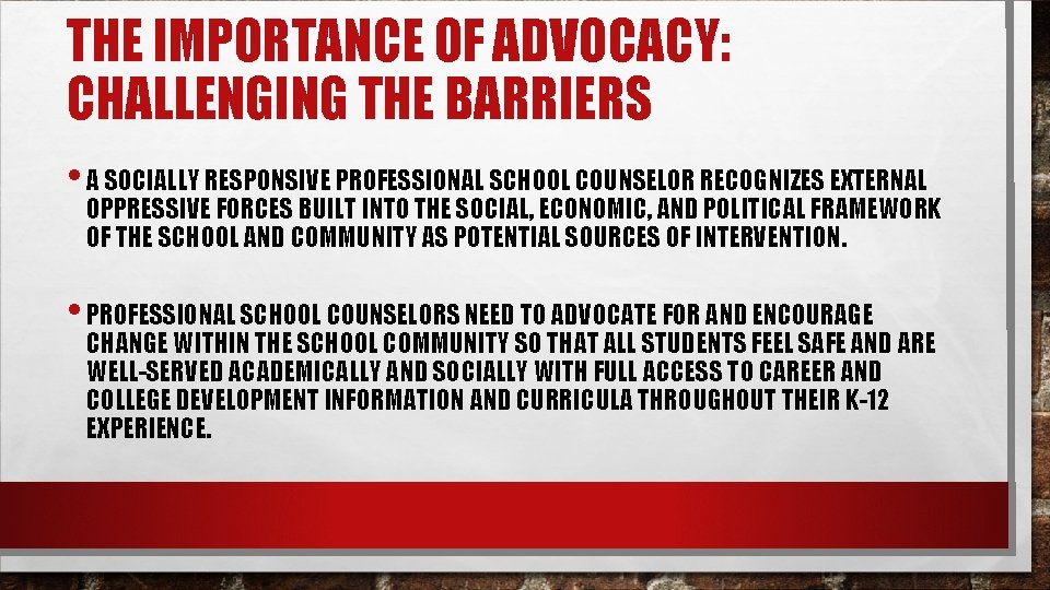 THE IMPORTANCE OF ADVOCACY: CHALLENGING THE BARRIERS • A SOCIALLY RESPONSIVE PROFESSIONAL SCHOOL COUNSELOR