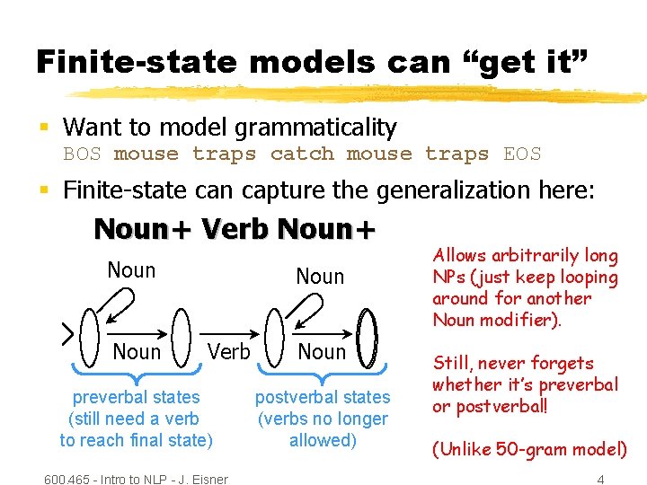 Finite-state models can “get it” § Want to model grammaticality BOS mouse traps catch