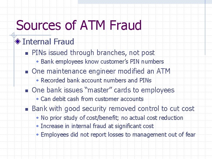 Sources of ATM Fraud Internal Fraud n PINs issued through branches, not post w