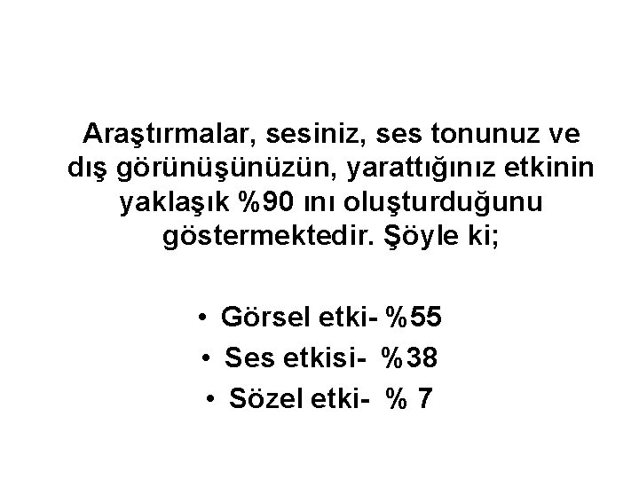 Araştırmalar, sesiniz, ses tonunuz ve dış görünüşünüzün, yarattığınız etkinin yaklaşık %90 ını oluşturduğunu göstermektedir.