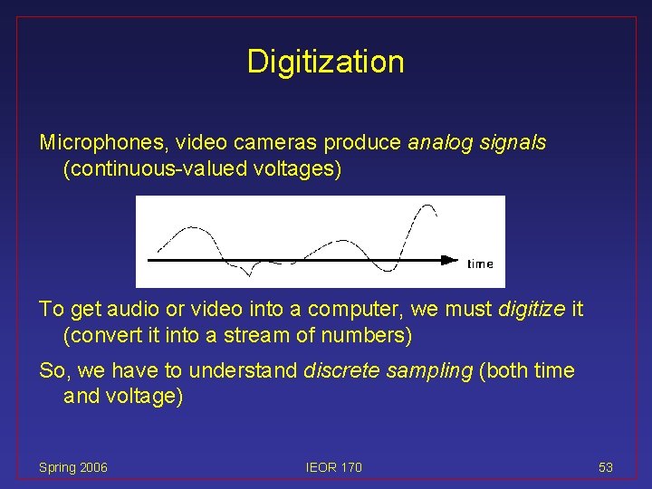 Digitization Microphones, video cameras produce analog signals (continuous-valued voltages) To get audio or video