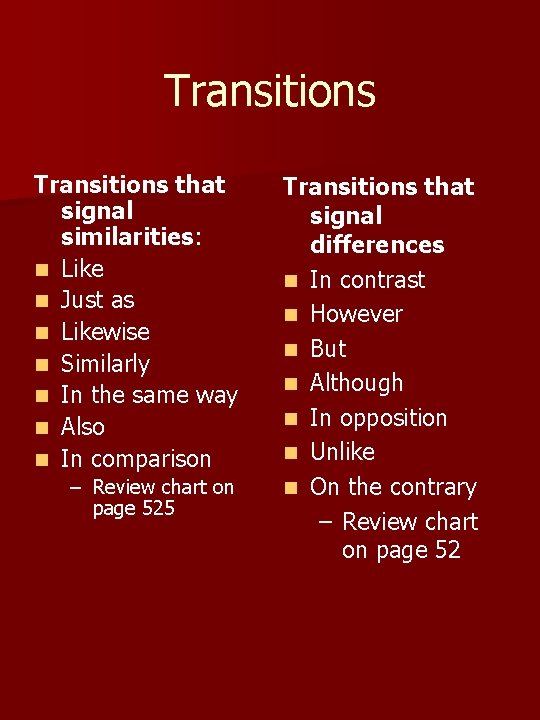 Transitions that signal similarities: n Like n Just as n Likewise n Similarly n