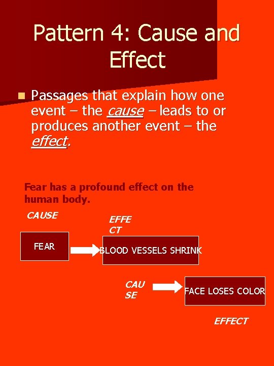 Pattern 4: Cause and Effect n Passages that explain how one event – the