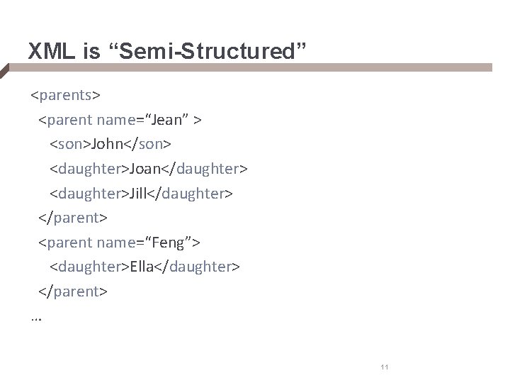 XML is “Semi-Structured” <parents> <parent name=“Jean” > <son>John</son> <daughter>Joan</daughter> <daughter>Jill</daughter> </parent> <parent name=“Feng”> <daughter>Ella</daughter>