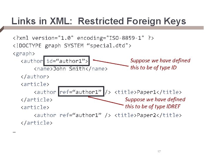 Links in XML: Restricted Foreign Keys <? xml version="1. 0" encoding="ISO-8859 -1" ? >