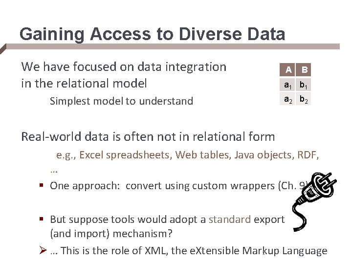 Gaining Access to Diverse Data We have focused on data integration in the relational