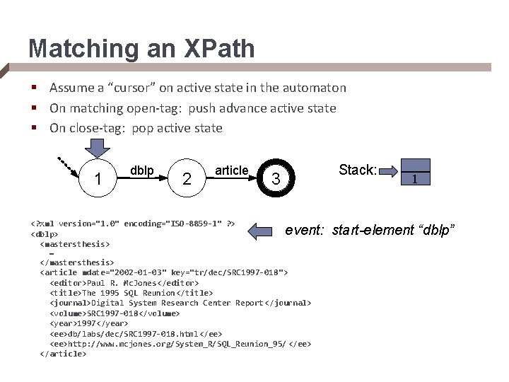 Matching an XPath § Assume a “cursor” on active state in the automaton §