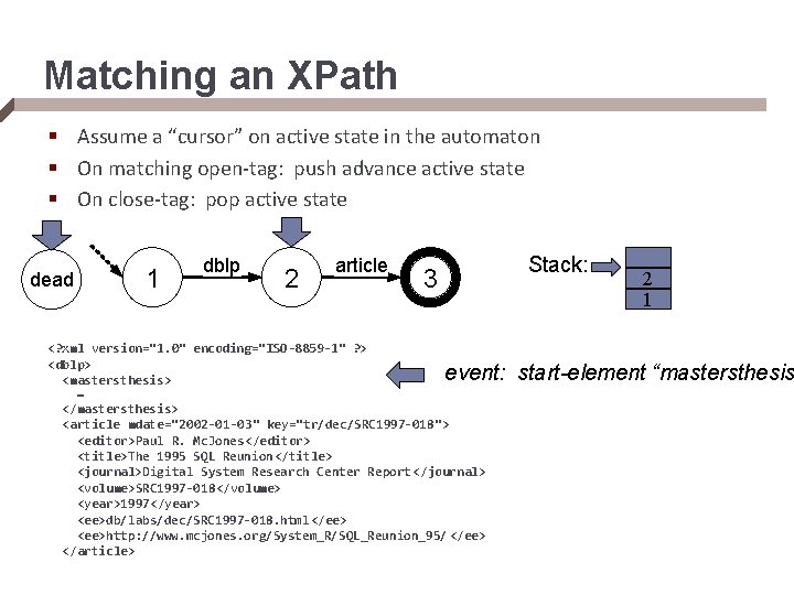 Matching an XPath § Assume a “cursor” on active state in the automaton §