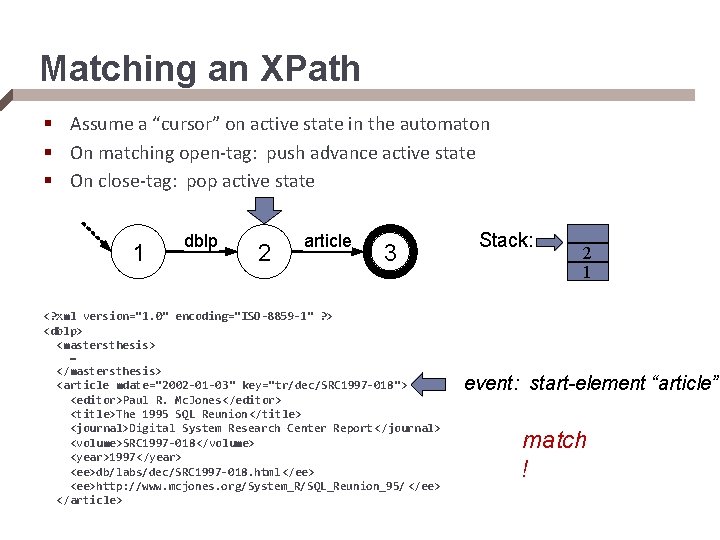 Matching an XPath § Assume a “cursor” on active state in the automaton §