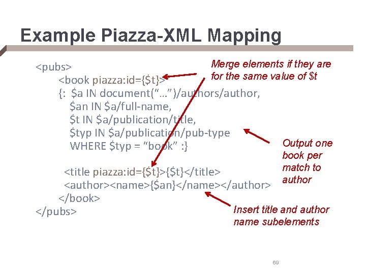 Example Piazza-XML Mapping Merge elements if they are <pubs> for the same value of