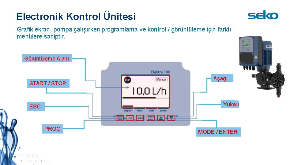 Electronik Kontrol Ünitesi Grafik ekran, pompa çalışırken programlama ve kontrol / görüntüleme için farklı