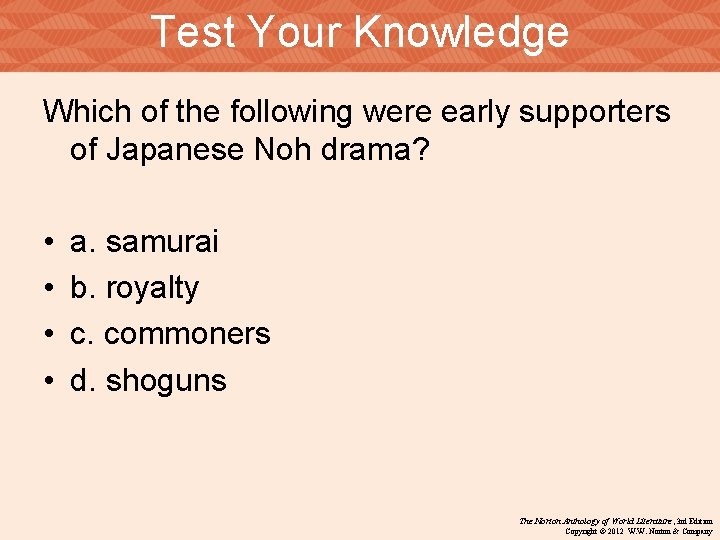 Test Your Knowledge Which of the following were early supporters of Japanese Noh drama?