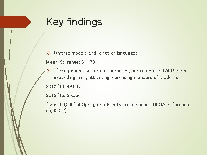 Key findings Diverse models and range of languages Mean: 9; range: 3 - 20