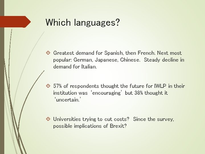 Which languages? Greatest demand for Spanish, then French. Next most popular: German, Japanese, Chinese.