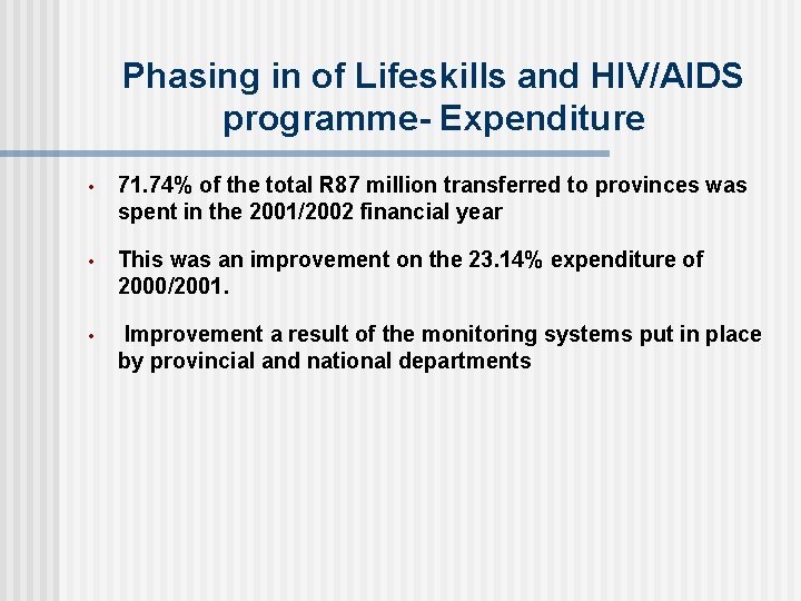 Phasing in of Lifeskills and HIV/AIDS programme- Expenditure • 71. 74% of the total