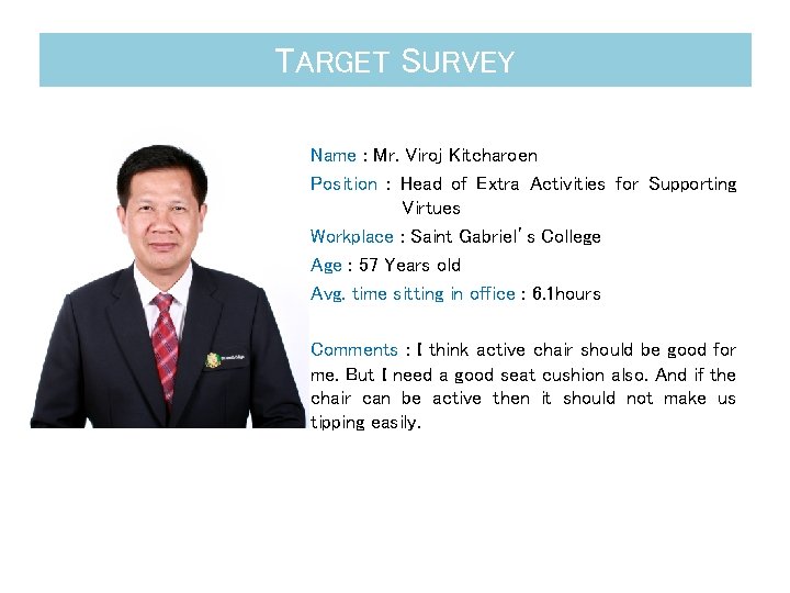 TARGET SURVEY Name : Mr. Viroj Kitcharoen Position : Head of Extra Activities for