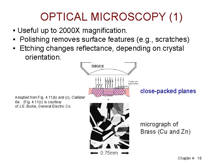 OPTICAL MICROSCOPY (1) • Useful up to 2000 X magnification. • Polishing removes surface