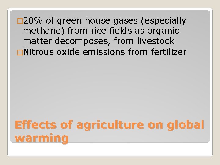 � 20% of green house gases (especially methane) from rice fields as organic matter