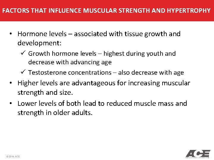 FACTORS THAT INFLUENCE MUSCULAR STRENGTH AND HYPERTROPHY • Hormone levels – associated with tissue FACTORS THAT INFLUENCE MUSCULAR STRENGTH AND HYPERTROPHY • Hormone levels – associated with tissue
