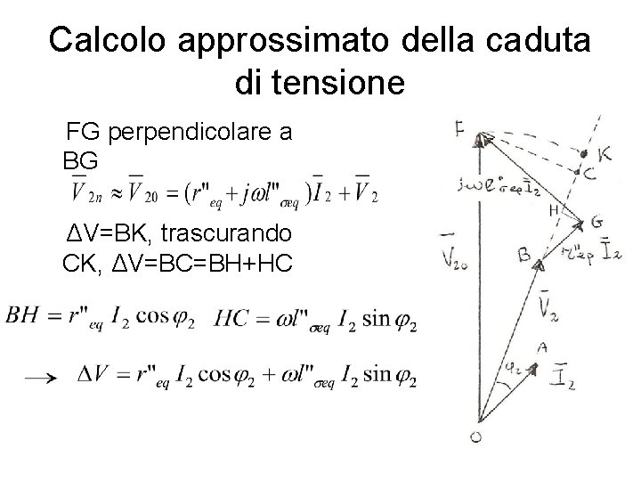 Calcolo approssimato della caduta di tensione FG perpendicolare a BG ΔV=BK, trascurando CK, ΔV=BC=BH+HC