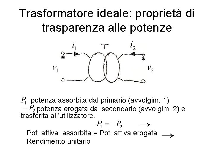 Trasformatore ideale: proprietà di trasparenza alle potenza assorbita dal primario (avvolgim. 1) potenza erogata